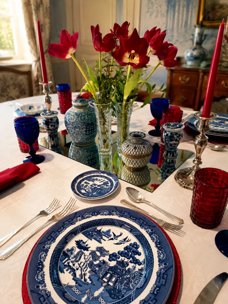 Vajilla de loza Blue Willow: mesa montada en un comedor inglés con candelabro