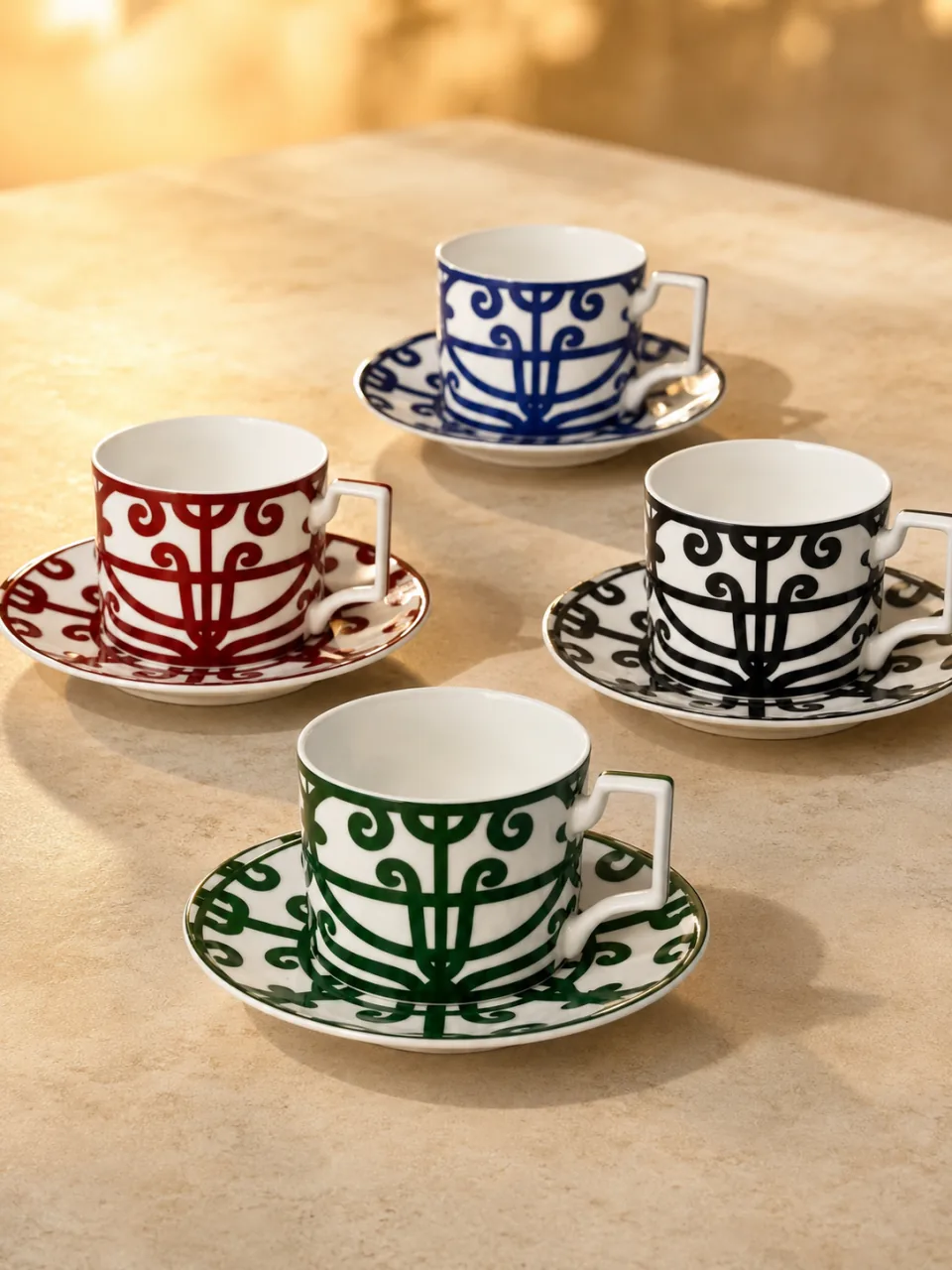Taza y plato de la Serie Rejas: las tazas en sus colores